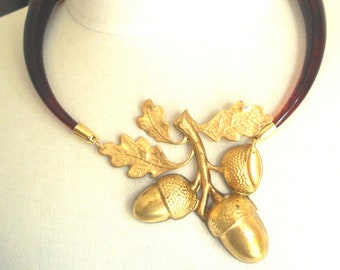 Acorn Statement Necklace, Acorn Necklace, Gold Acorn Necklace, Woodland Necklace, Choker Necklace, Vintage style Necklace, Gold Branch