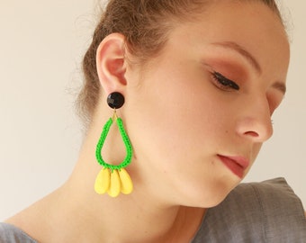 Drop Earrings Statement, Beaded Earrings Yellow, Oversize Earrings Dangle, Large Earrings Hoops, Boho Earrings Hippie, Crochet Earrings