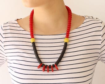 Red statement Necklace, Handmade Beaded Ethnic Boho Necklace, Unique jewelry for her