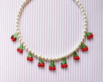 Pearl Choker, Cherry Necklace, Pearl Necklace, Trendy Pearl Necklace, Fruit Charm Necklace, Retro Cherry Necklace, Colorful Beaded Necklace