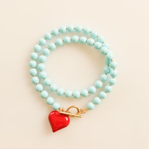 Türkis Perlen Halskette, Rotes Herz Halskette, Elegante Zierliche Choker, Rotes Herz Anhänger Halskette, trendiges Herz, Romantisches Herz Halskette