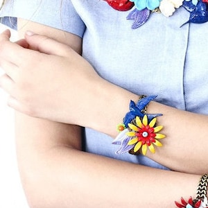 Blue Bracelet, Vintage Statement art Bracelet, Metal Flower & Swallow Bird Wide Bracelet, Alternative Wedding Jewelry