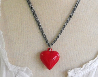 Red Puffy Heart Statement Necklace, Valentine's Gift
