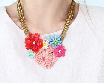 Pastel Statement Necklace, Heart and floral Vintage jewelry, Bib Necklace Gift for her