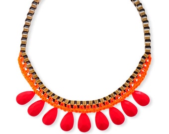 Red statement Necklace, Metal Drop Bead Trendy jewelry, Red and Orange Women's Unique Bib Necklace