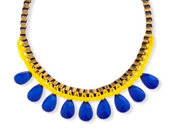 Yellow and blue Statement Necklace metal chain Fashion jewelry, Drop Beads Trendy necklace, Unique necklace for her