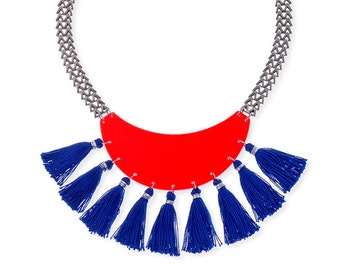 Tassel necklace, Red and Blue Plexiglass, Fringe jewelry