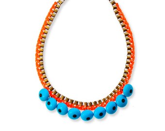 Very Long Chain Necklace Statement, Chunky Chain Necklace, Turquoise Beaded Necklace, Crochet Necklace Orange, Boho Necklace Hippie Colorful