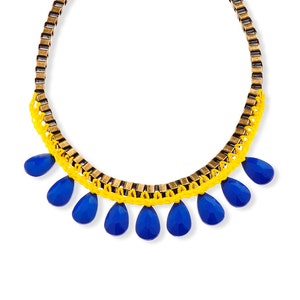 Yellow and blue Statement Necklace metal chain Fashion jewelry, Drop Beads Trendy necklace, Unique necklace for her image 1