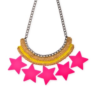 Star Necklace, Statement Necklace Pink, Oversize Necklace, Pink Necklace Fucshia, Crochet Jewelry, Boho Necklace, Unique Necklace for women image 1