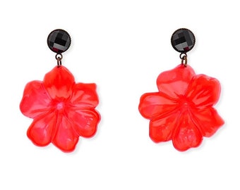 Oversized Red Rose Dangle Earrings, Black Stud, Retro Floral