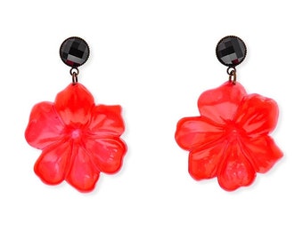 Red Rose Earrings, Red Earrings, Rose Earrings, Oversize Earrings, Statement Earrings, Red Flower Earring, Floral, Drop Earrings Retro Style