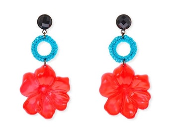 Flower Earrings, Red Earrings, Statement Earrings, Large Earrings Oversize, Vintage Flower Earrings, Turquoise Hoop Earrings, Drop Earrings