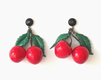 Cherry Earrings, Statement Earrings, Fruit Earrings, Cluster Earrings, Red Earrings Trendy, Large Cherry Earrings, Drop Earrings Dangle