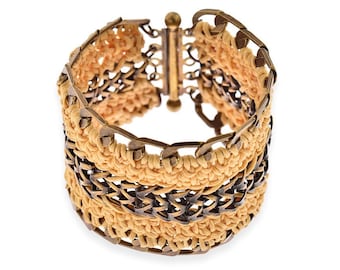 Pulseira statement, pulseira étnica de fibra, pulseira larga, pulseira boho hippie, pulseira de crochê, pulseira exclusiva para mulheres