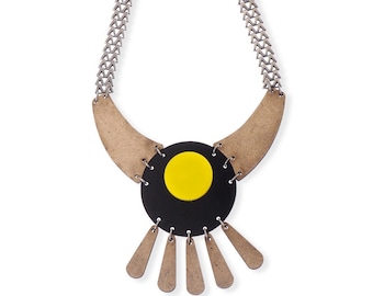 Geometric Necklace Modern, Statement Necklace, Modern Bib Necklace, Wood Necklace Big, Black Necklace Yellow, Unique Necklace for her