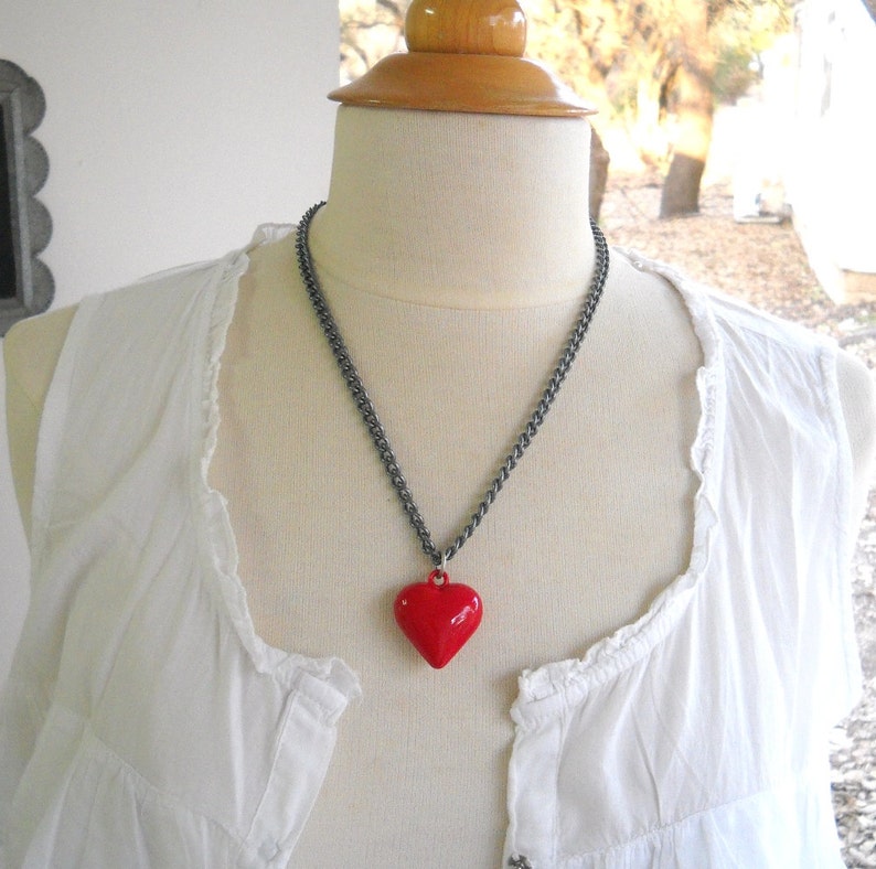 Red Heart Necklace, Heart Necklace, Large Heart Necklace, Valentine's Gift for Her, Statement Necklace Heart, Puffy Heart Necklace Valentine image 1
