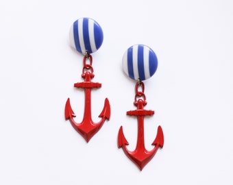 Anchor Earrings, Nautical Earrings, Statement Earring Red, Blue Stripes Earring, Retro Earring, Large Earring Oversize. Long Earrings Dangle