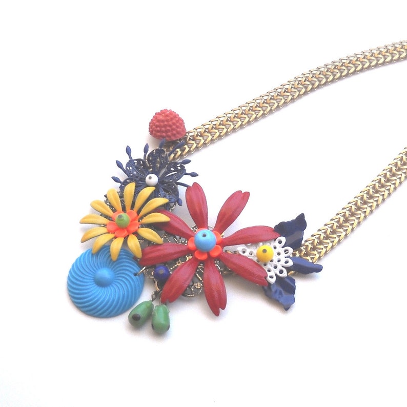 Chunky Statement Necklace, Colorful Bold Bib Necklace, Unique Necklace for her, Flowers Summer Necklace image 4