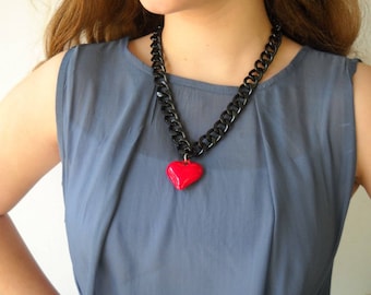 Red Heart Necklace, Massive Chain Heart Necklace, Heart Statement Necklace, Valentine's Day Gift, Romantic Jewelry, Large Heart Necklace