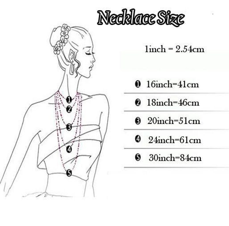 Puede incluir: Un diagrama que muestra diferentes longitudes de collar en pulgadas y cent&iacute;metros. Las longitudes son 16 pulgadas (41 cm), 18 pulgadas (46 cm), 20 pulgadas (51 cm), 24 pulgadas (61 cm) y 30 pulgadas (84 cm).