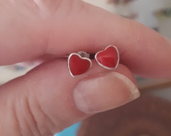 Red Enamel Heart Stud Earrings, Dainty Silver Love Hearts