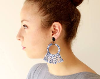 Tassel earring, Hoop earrings, Trendy Earrings, Blue Earrings, Statement Earrings, Large Earrings Bold, Fringe Earrings, Dangle Earring Boho