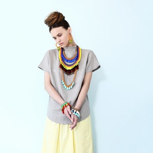 Yellow and blue Statement Necklace metal chain Fashion jewelry, Drop Beads Trendy necklace, Unique necklace for her image 3