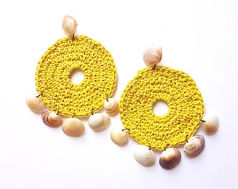 Seashell earrings, Summer Earrings, Statetement Earrings Yellow, Large Circle Earrings, Trendy Shell Earrings Fashion, Crochet Earrings Boho