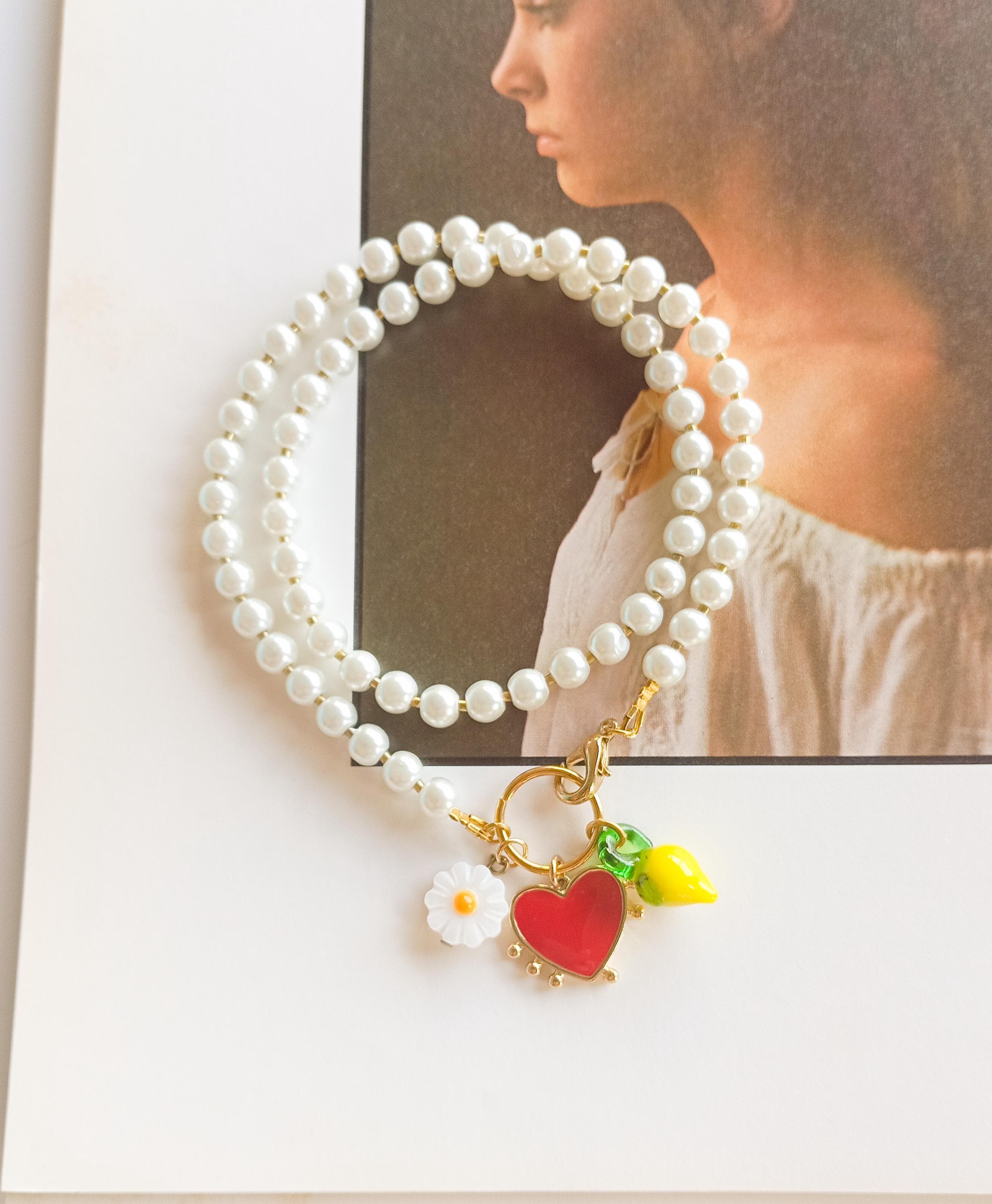 履歴 Charm Pearl Necklace, Cute Charm Necklace, Pearl Choker, Trendy