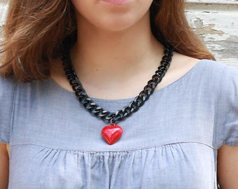 Red heart Pendant necklace, black chunky chain statement necklace, Valentine's day gift for her, Romantic jewelry, Large Heart