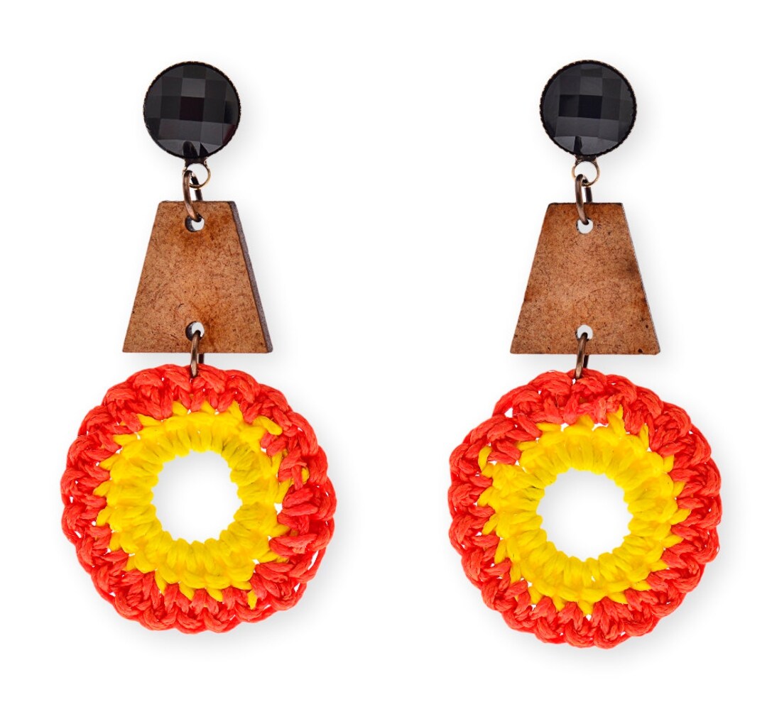 Colorful Satement Earrings, Hippie Earrings, Clip on Boho Earrings, Bold Trendy Wood and Fiber