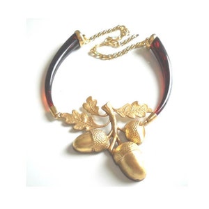 Gold Acorn Necklace, Woodland Acorn Necklace, Amber Vintage Necklace, bib Statement Necklace, Retro style Necklace image 1