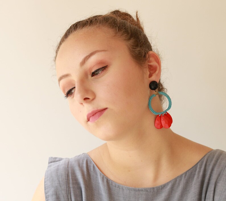 Hoop Earrings, Statement Earrings Big, Colorful Earrings, Red Earrings Yellow, Dangle Earrings Drop, Beaded Earrings, Boho Earrings Hippie image 5