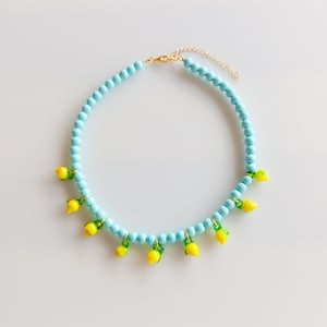 Lemon Charm Necklace, Turquoise Beaded Choker, Retro Jewelry