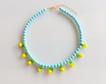 Collar con dije de limón, gargantilla de cuentas turquesas, joyería retro