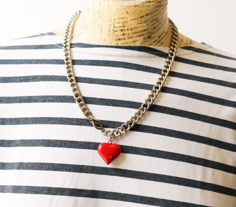 Red Heart Pendant Necklace, Silver Curb Chain Necklace, Red Heart Necklace, Front Toggle Necklace, Chunky, Romantic Gift Jewelry for Her image 5