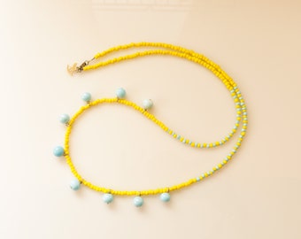 Yellow Summer Necklace, Long Necklace for Women, Long Beaded Necklace, Colorful Necklace, Boho Necklace Hippie, Dainty Seed Bead Necklace