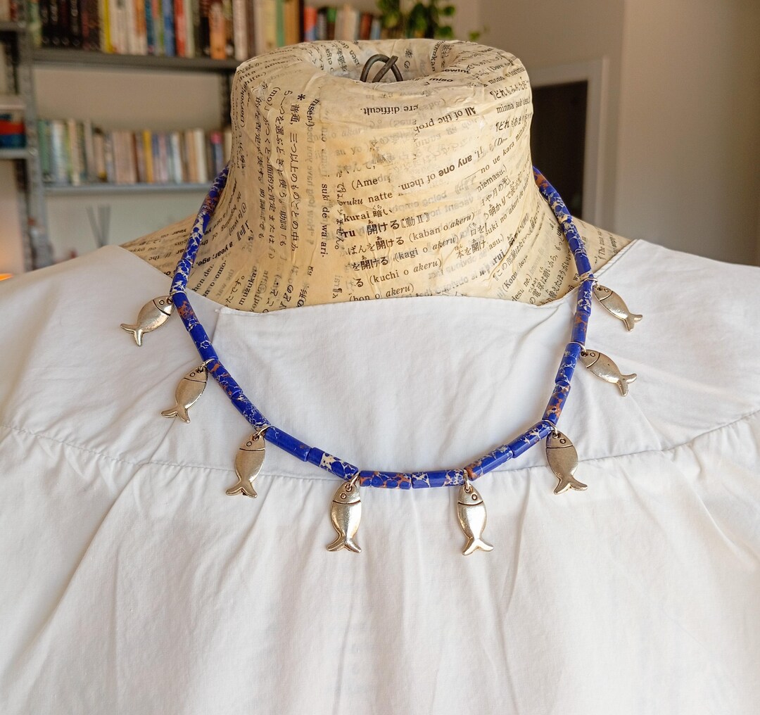 Blue Gemstone Fish Charm Necklace, Nautical Jewelry - Etsy