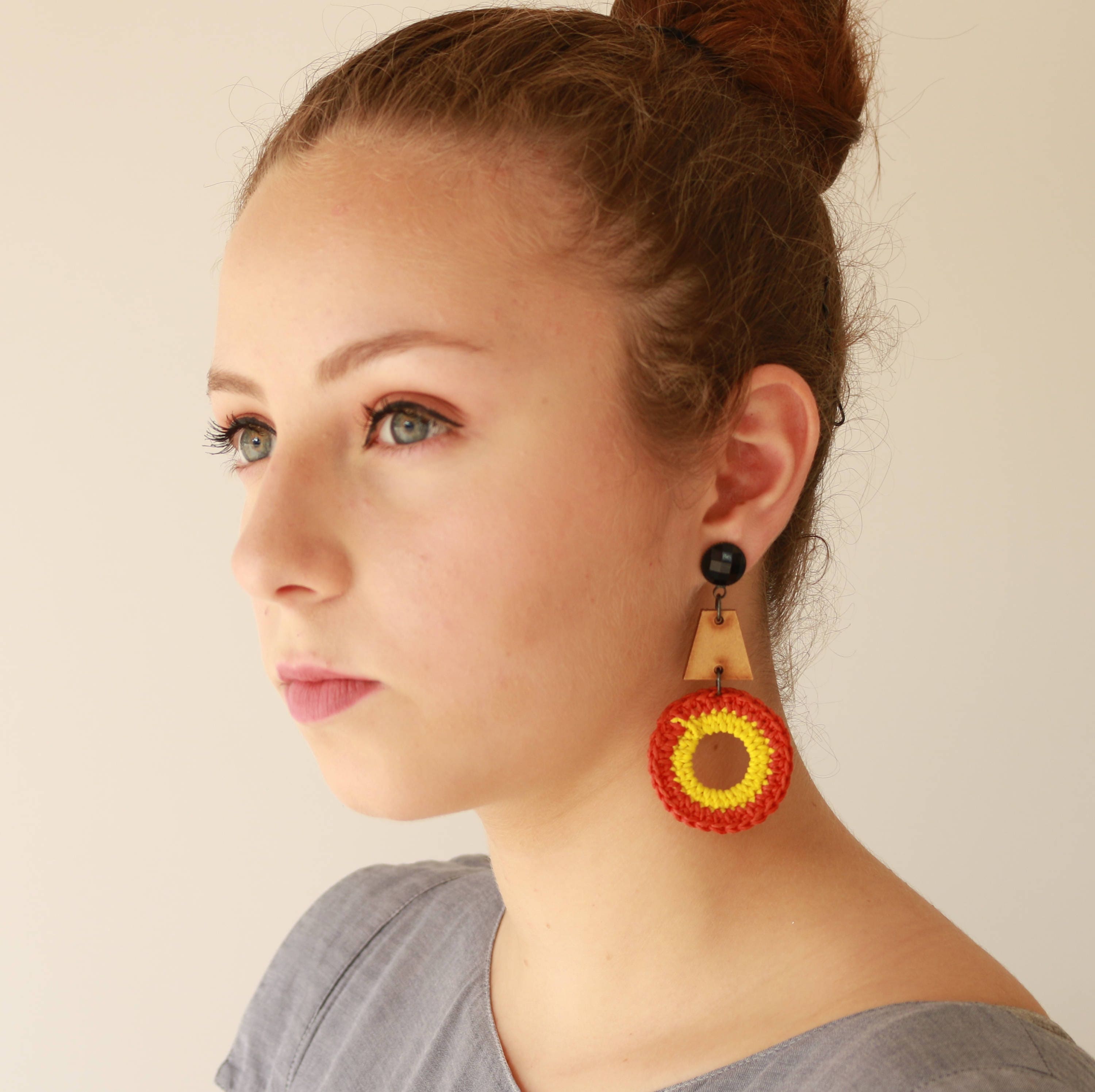 Colorful Satement Earrings, Hippie Earrings, Clip on Boho Earrings, Bold Trendy Wood and Fiber