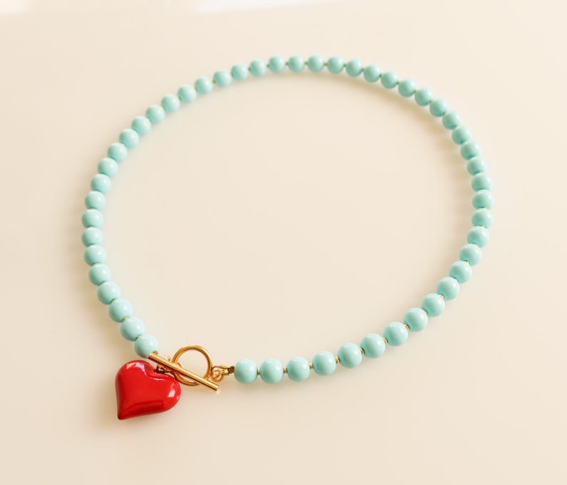 Turquoise Bead Necklace, Red Heart Necklace, Elegant Dainty Choker, Red Heart Pendant Necklace, Trendy Heart, Romantic Heart Necklace image 5