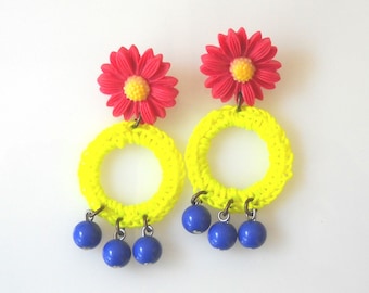 Flower Earrings Red, Sunflower Earrings, Colorful Earrings Beaded, Hippie Earrings Boho, Daisy Earrings Floral, Statement Earrings Yellow