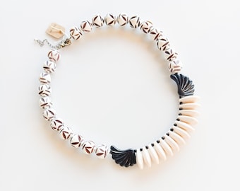 Black and White Beaded Statement Necklace, Vintage Plastic Bead