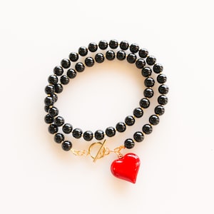 Elegante Schwarze Choker, Rotes Herz Anhänger Halskette, Elegante Zierliche Perlen Choker, Rotes Herz Anhänger Halskette, Schwarze Choker Rotes Herz Anhänger Halskette