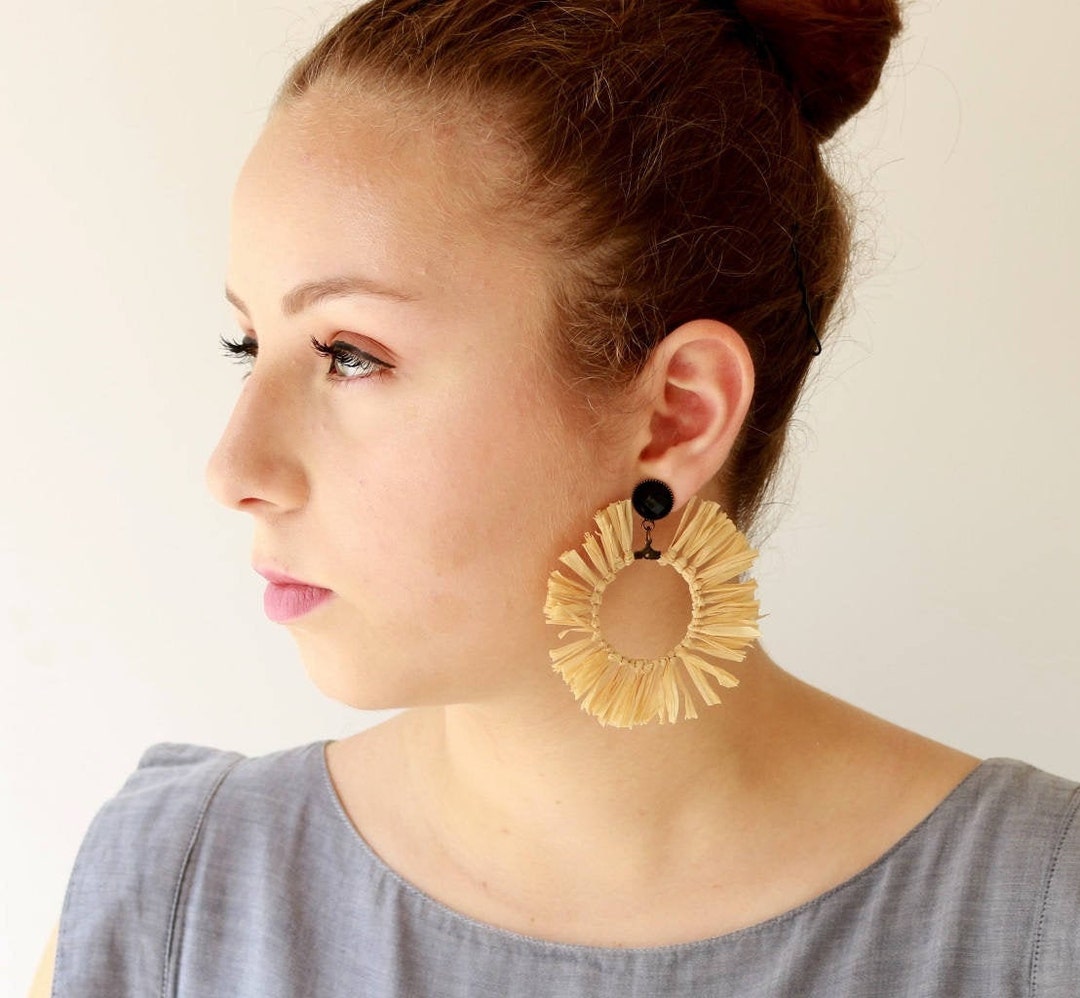 Raffia Tassel Hoop Earrings, Boho Fringe Statement Earrings - Etsy