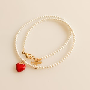 Pearl Necklace, Red Heart Necklace, Pearl Choker, Trendy Pearl Necklace, Heart Charm Necklace, Retro Heart Necklace, Romantic Heart Necklace