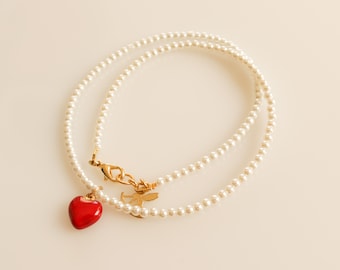 Pearl Necklace, Red Heart Necklace, Pearl Choker, Trendy Pearl Necklace, Heart Charm Necklace, Retro Heart Necklace, Romantic Heart Necklace