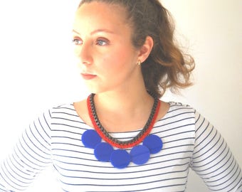 Statement Necklace, Red and Blue Necklace, chunky chain Fan necklace, Trendy jewelry by naama brosh, Unique necklace for women