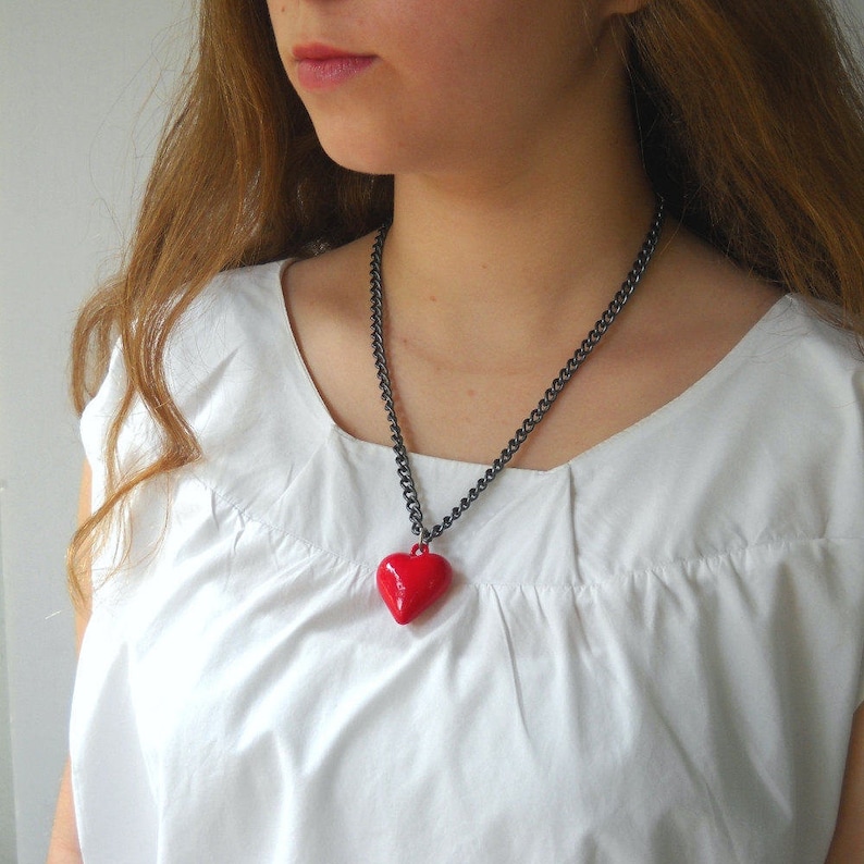 Red Heart Necklace, Heart Necklace, Large Heart Necklace, Valentine's Gift for Her, Statement Necklace Heart, Puffy Heart Necklace Valentine image 2