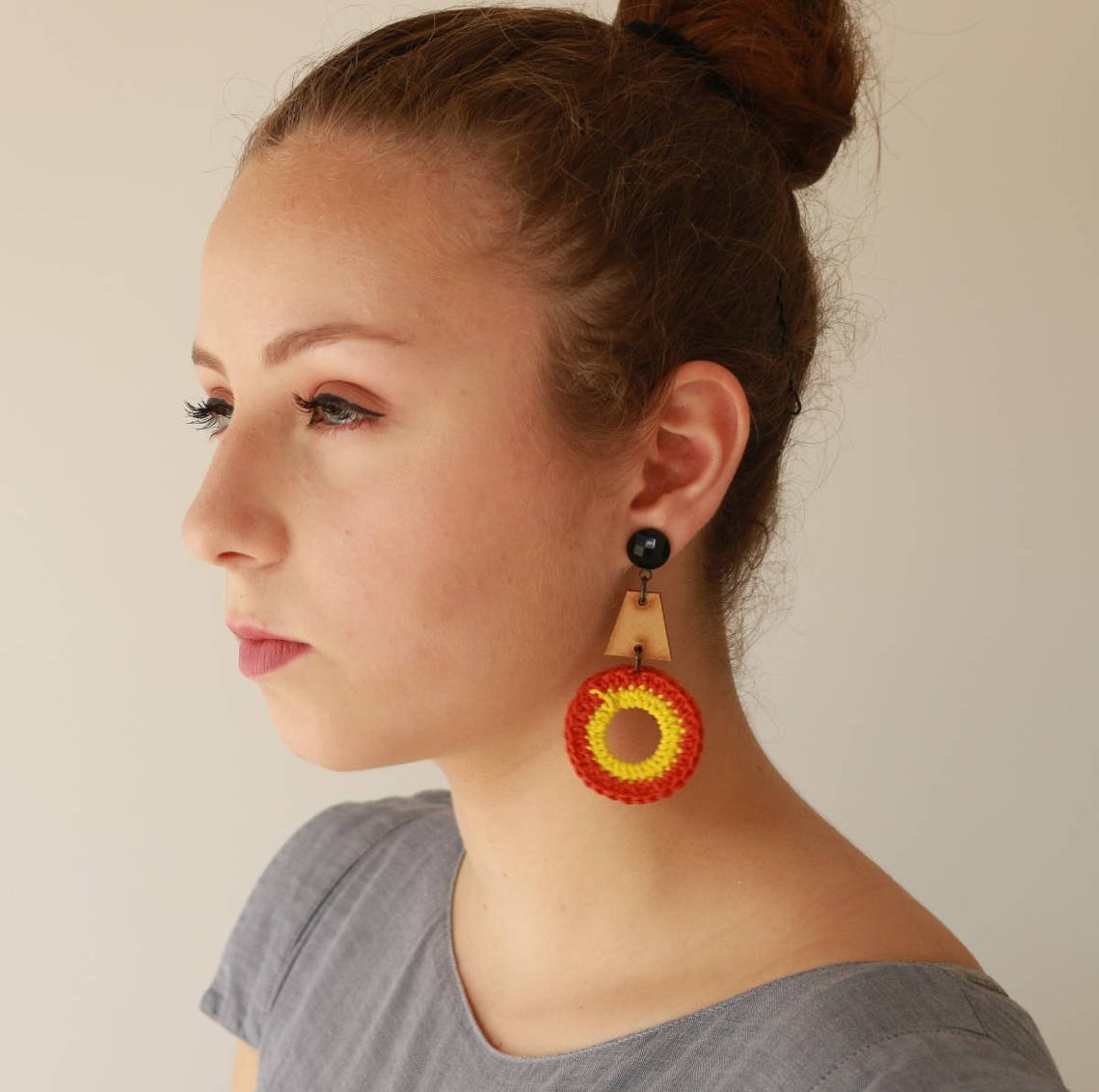 Colorful Satement Earrings, Hippie Earrings, Clip on Boho Earrings, Bold Trendy Wood and Fiber